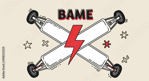 BAME electric skateboards illustration, lightning bolt, stars and cross