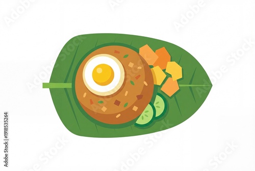 Nasi lemak dish with egg and fruit on a banana leaf.