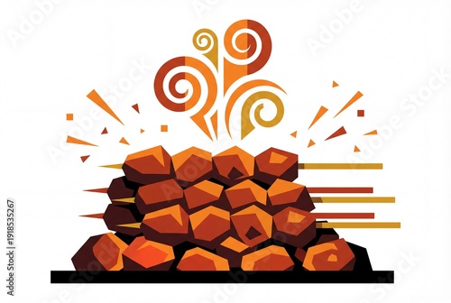 Pile of burning coal with abstract fiery design.