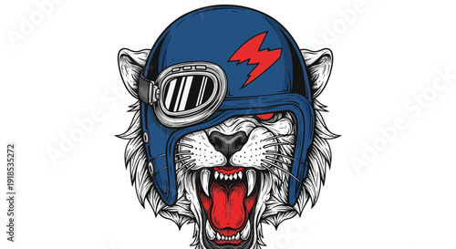 tiger head wearing helmet, biker animal, vintage design, vector illustration
