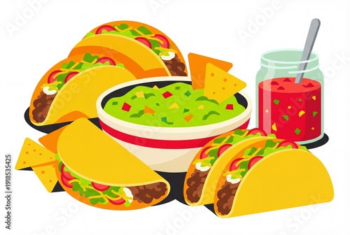 Tacos and salsa with nacho chips and guacamole.