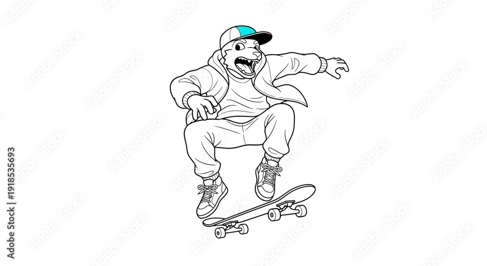 Obraz premium shark skater doing ollie trick, black and white illustration