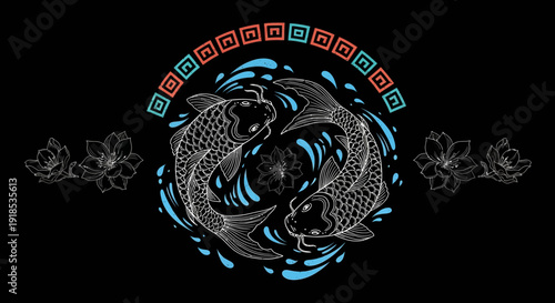 yin yang koi fish illustration, japanese art, black background