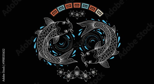 yin yang koi fish illustration, japanese art on black background