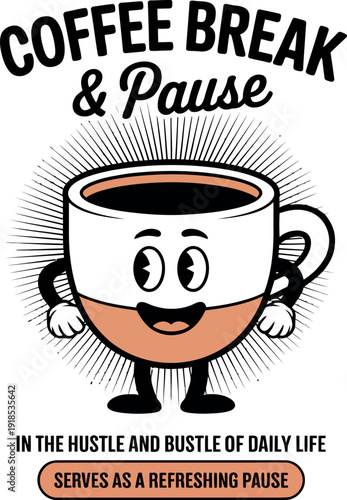Coffee break pause, vintage mug character illustration