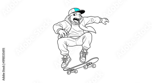 shark skater doing ollie trick, black and white illustration