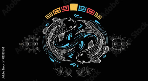 yin yang koi fish illustration, black background