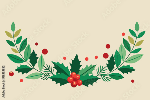 Elegant mixed greenery border accented with bright holiday berries, perfect for sophisticated winter holiday designs.