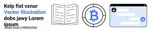 Cryptocurrency, blockchain, digital communication, online transactions, knowledge sharing, data security. Bitcoin symbol, open book and messaging interface. Cryptocurrency and blockchain concepts
