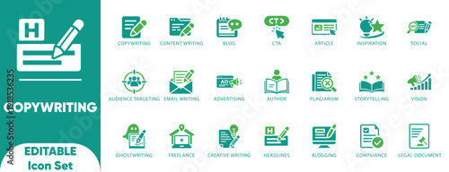 Copywriting icon set. publishing, storytelling, article, headline, and vector icons.
