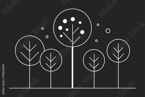Abstract monochrome trees rendered in clean lines with scattered dot accents, perfect for sophisticated winter graphics.