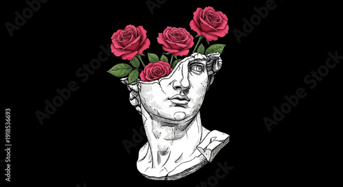 statue head with roses, art illustration, black background