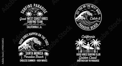 Vintage surfing paradise logos on black background