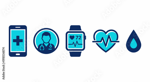 Telehealth and Digital Medicine Icons, Mobile Health App Interface Elements