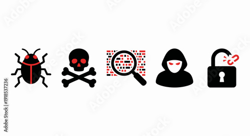 Red and Black Flat Vector Cybersecurity Threat Icon Set