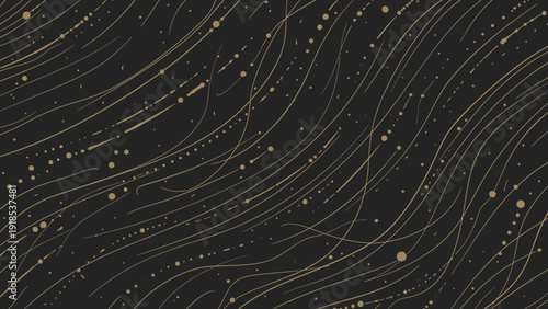 Abstract flowing lines and dots pattern, elegant gold and dark background