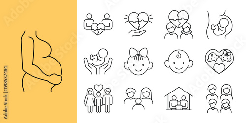Diverse Family Life and Parenthood Line Icons Set Featuring Pregnancy, Child Care, Relationships, and Social Bonds for Modern Graphics