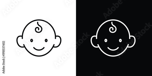 Single icon of cute baby face outline, a simple line drawing of a child with a smile on white and black background