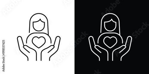 Hands holding a heart with a woman icon symbol, representing care and support