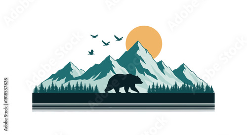 Mountain landscape with bear and birds, nature scene