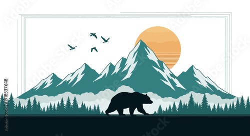 bear silhouette mountain landscape with birds and sun