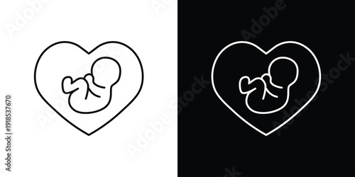 Line art icon of a human fetus in a heart, symbolizing new life, pregnancy, and maternal love. Ideal for prenatal care, reproductive health, and family planning