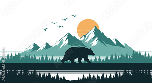 bear silhouette walking, mountain sunset landscape