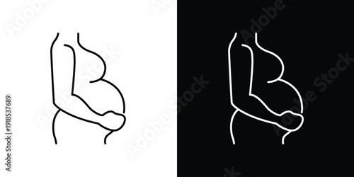 Minimalist line art icon illustration of a pregnant woman holding her belly, presented in two contrasting color schemes