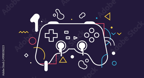 Gaming controller with headphones, abstract design on dark background