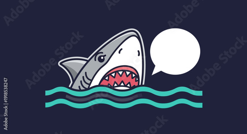 cartoon shark in water with speech bubble, ocean waves illustration