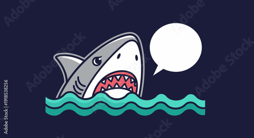 cartoon shark in ocean with speech bubble, marine life