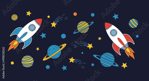 Space rockets and planets illustration on dark background