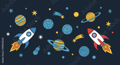 space background with planets and rockets