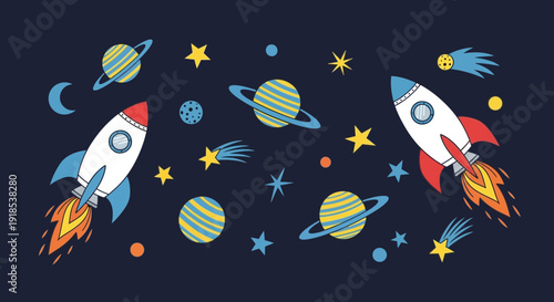 Space rockets, planets and stars on a dark blue background