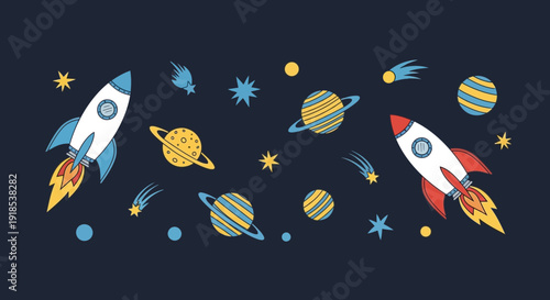 space background with rockets and planets