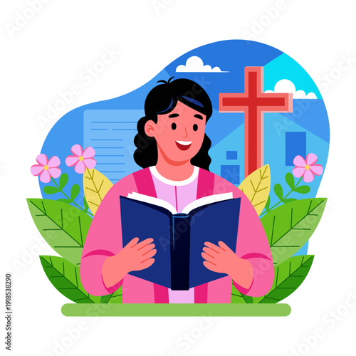 A flat style illustration of reading bible