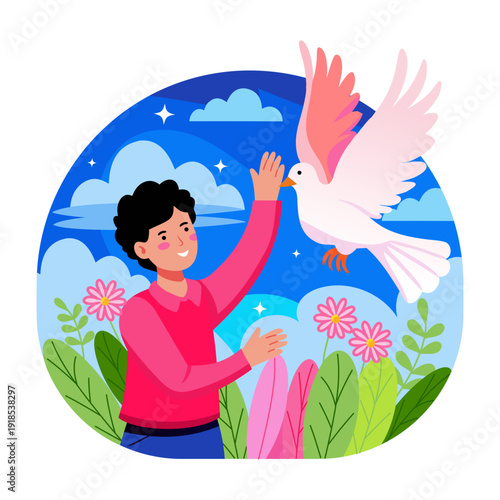 Flat illustration depicting releasing dove