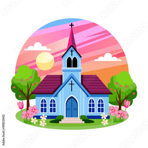 A flat style illustration of a church