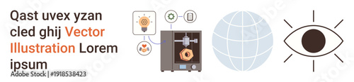 Innovation, technology, 3D printing, global network, vision, creative solutions. A 3D printer with a gear, a globe and an eye symbol. Innovation and technology illustrated