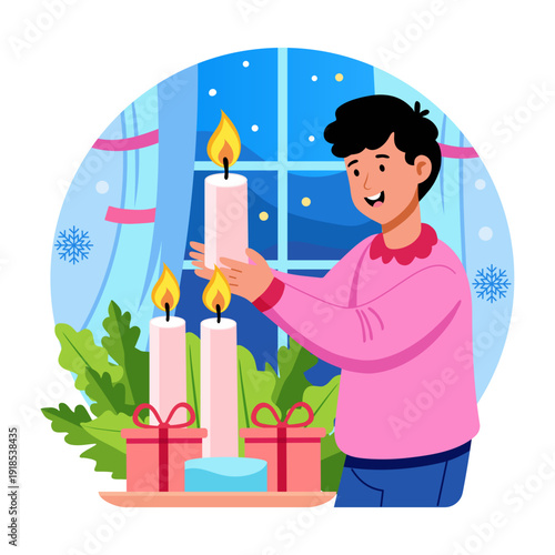 Flat illustration showing a character burning candles