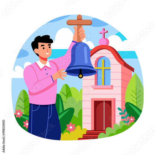 Flat illustration depicting a character ringing bell