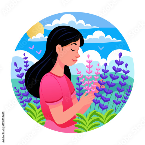 Flat illustration showing a girl smelling flowers