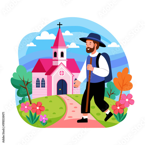 A flat style illustration of a pilgrim