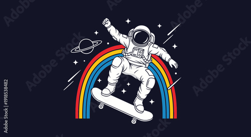Astronaut skateboarding rainbow space illustration