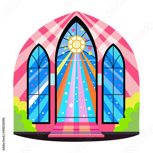 A flat style illustration of church windows