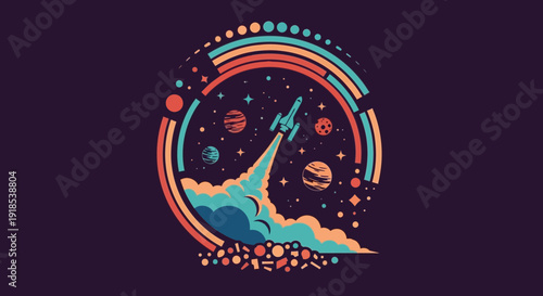 rocket launch space illustration, planets and stars