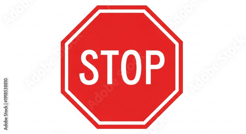Red octagonal road sign with white border and stop text on plain white background for traffic regulation