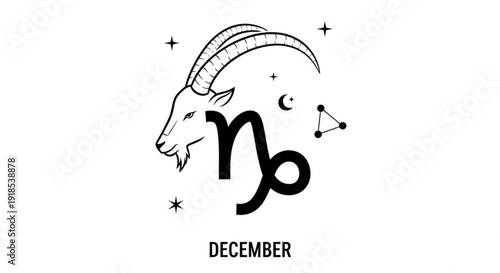 Capricorn zodiac sign with goat head stars and moon phases on white background for december
