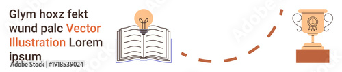 Education, achievement, knowledge, success, innovation, goal setting. Open book with light bulb, dashed path and trophy. Education and achievement concept progress and goals
