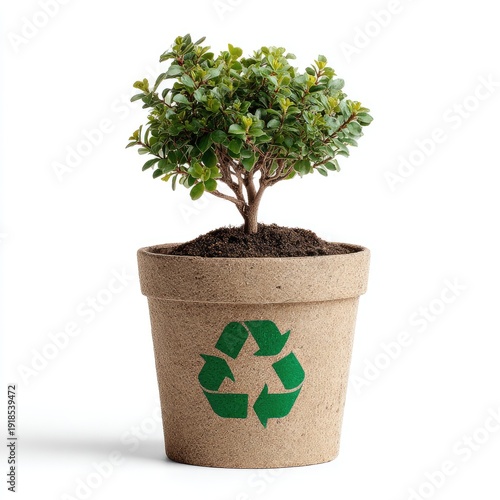 Small green plant in recycled pot with recycling symbol